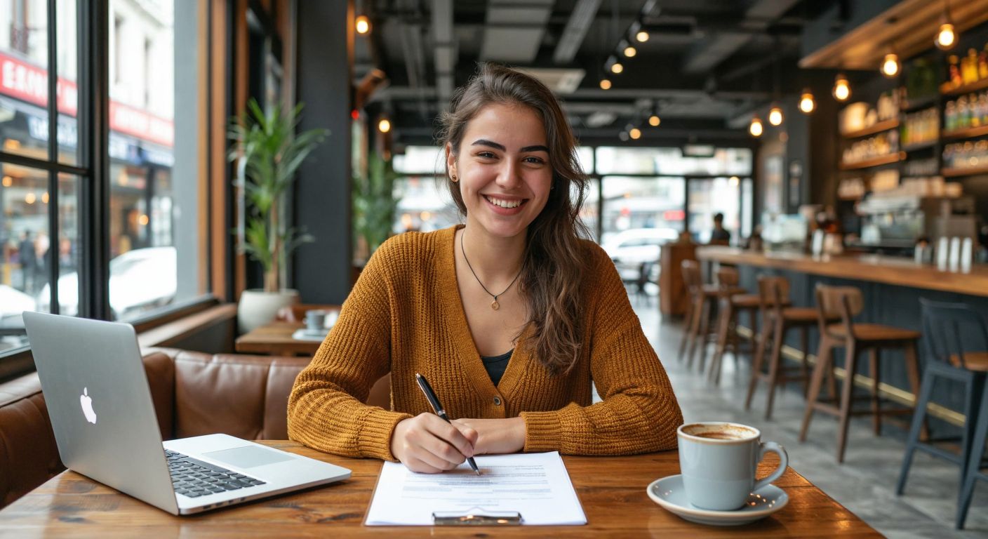 A confident young influencer in a modern Istanbul café, smiling while signing a business document, with a laptop and Turkish coffee on the table, symbolizing entrepreneurship.