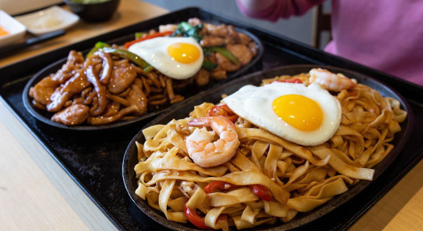 A sizzling hot iron griddle holds two separate piles of golden-brown fried noodles—one with shrimp, pork, and mixed vegetables glazed in a dark sauce, and the other topped with a sunny-side-up egg and thick, flat noodles drizzled with a glossy Worcestershire-based sauce.