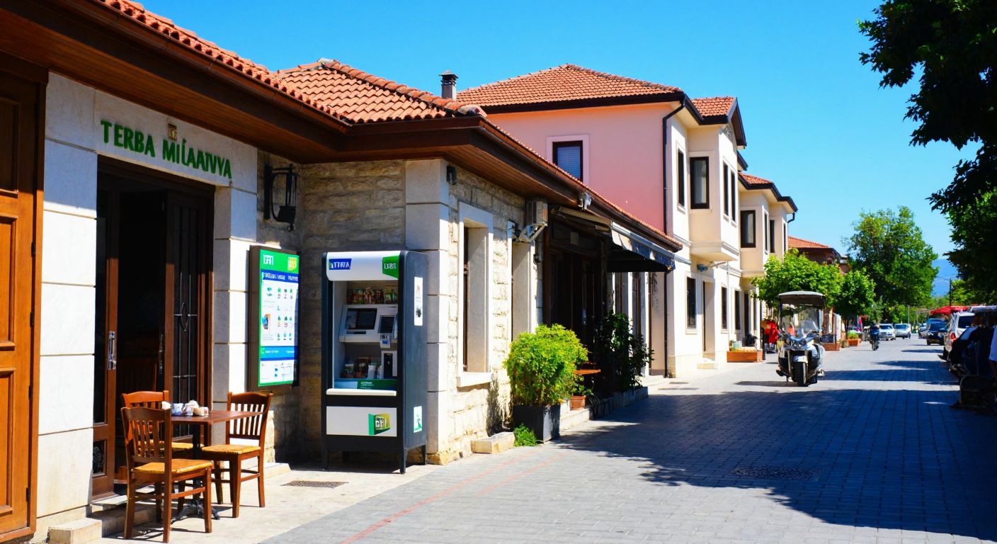 A sunlit street in Mudanya, Bursa, with a TEB ATM nestled between a small café serving Turkish tea and a traditional whitewashed stone building with red-tiled roofs.