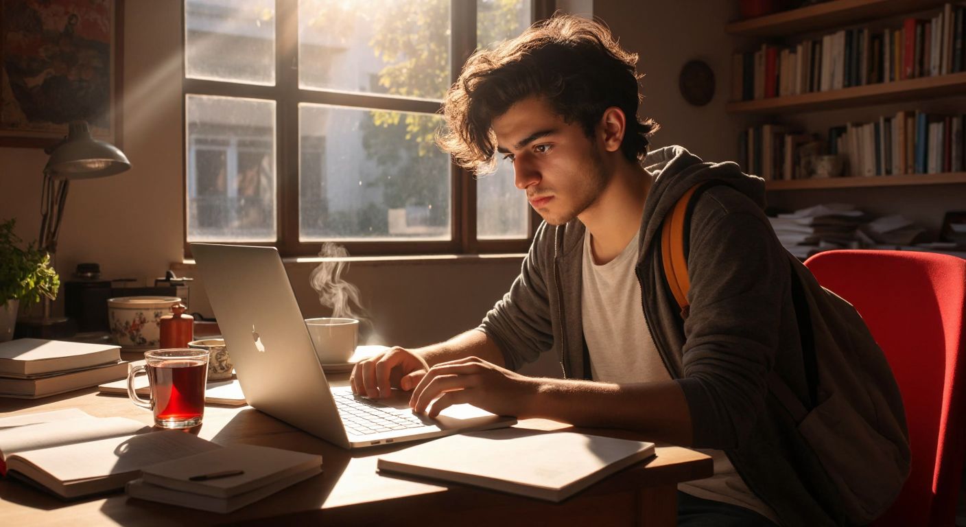 A focused young Turkish student sits at a wooden desk in a sunlit room, intently staring at a laptop screen with a determined expression, surrounded by scattered notebooks and a steaming cup of Turkish tea.