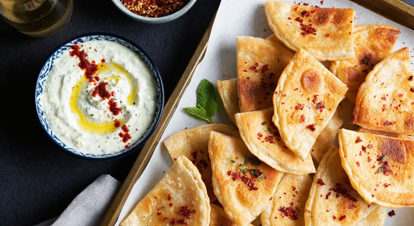 A warm Turkish kitchen with golden, crispy yufka chips arranged on a baking tray, sprinkled with red pepper flakes and dried mint, beside a small bowl of creamy yogurt dip garnished with spices.