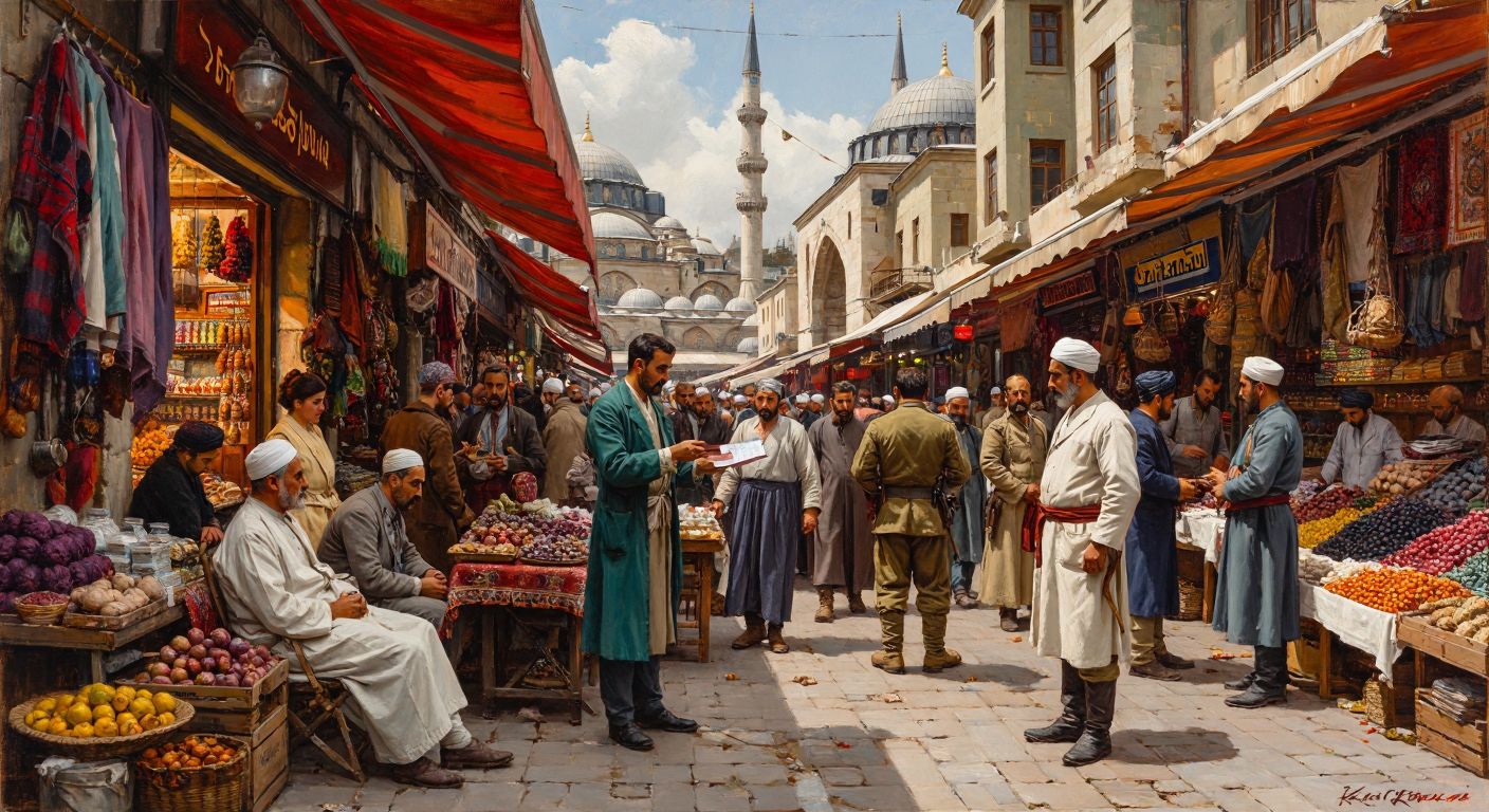 A bustling Turkish bazaar with merchants selling goods, a doctor examining a patient with involuntary movements, and a soldier holding a ticket, all under a vibrant marketplace canopy.