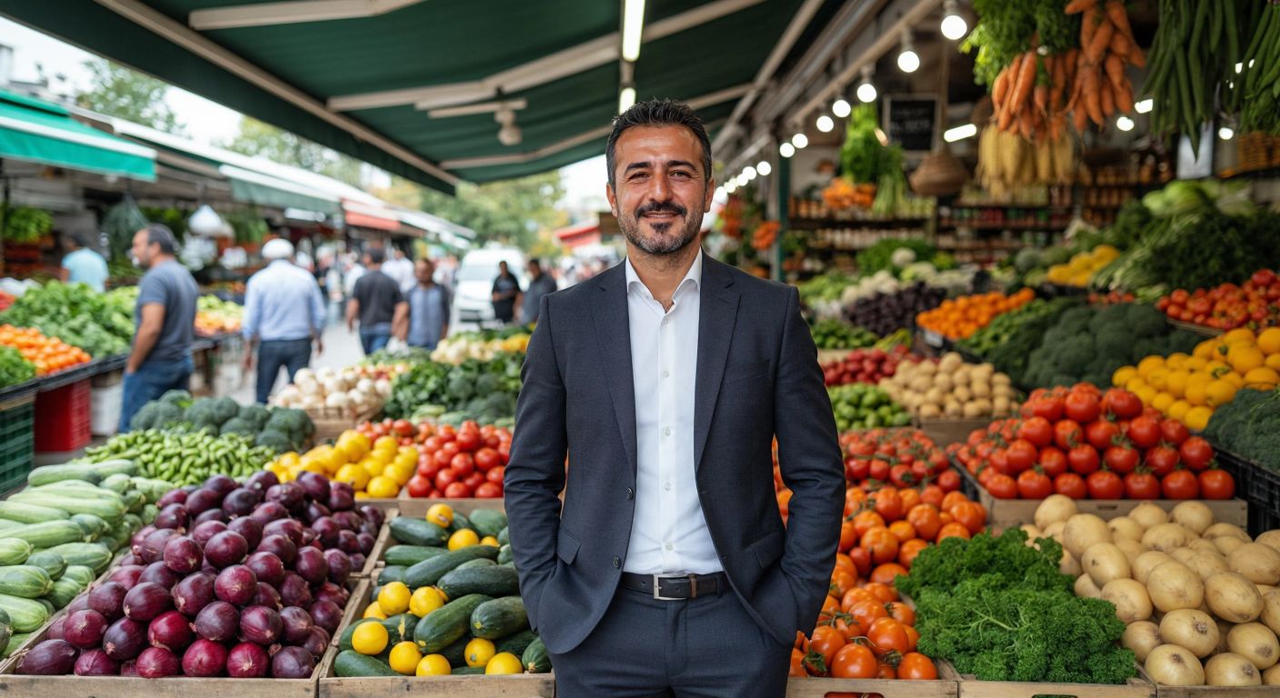 A confident middle-aged Turkish businessman in a crisp suit stands proudly in a bustling organic food market, surrounded by vibrant fresh produce and smiling local farmers.