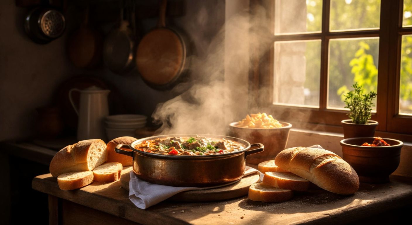 A rustic wooden table in a Turkish kitchen holds a steaming bowl of tirit surrounded by slices of fresh white bread and whole wheat bread, with warm golden light filtering through a nearby window.