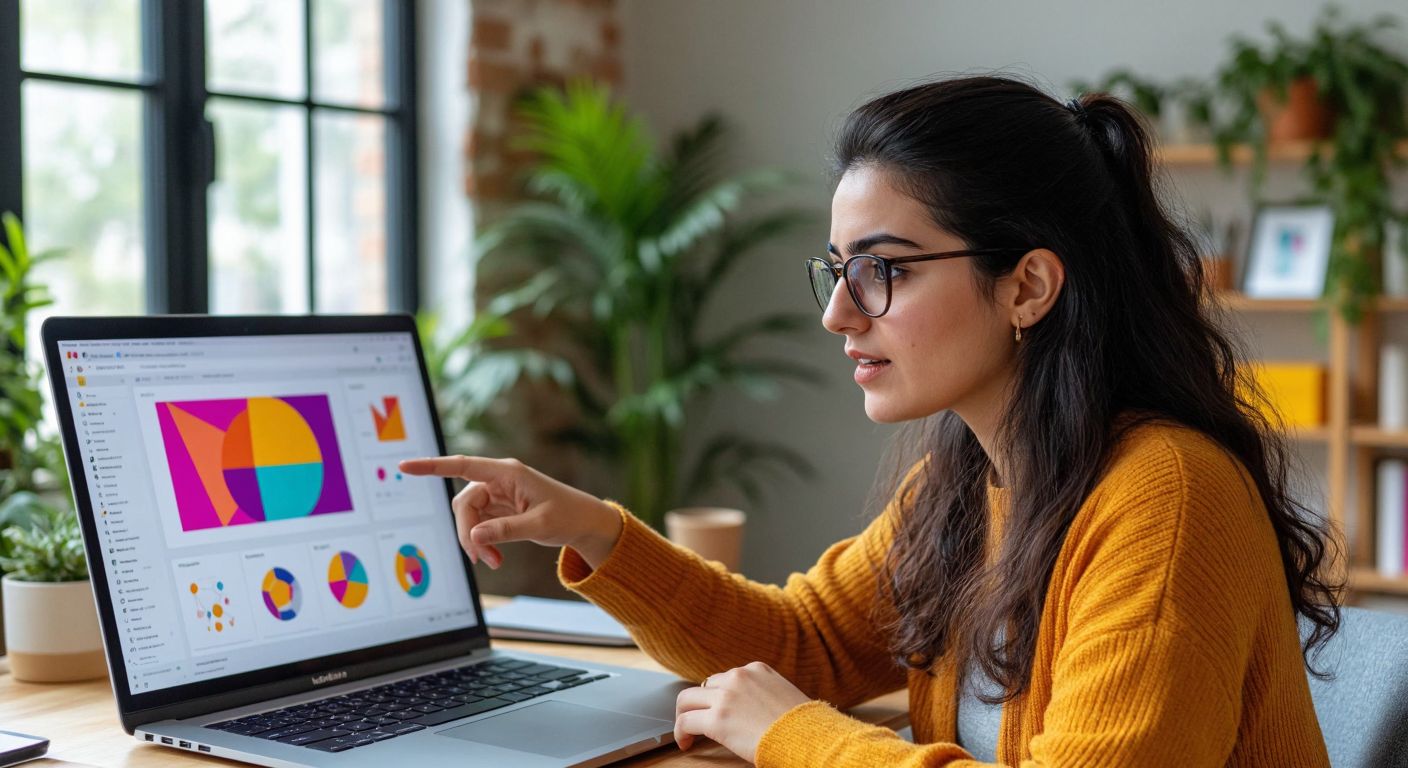 A focused Turkish instructor with dark hair and glasses demonstrates Adobe Illustrator on a laptop, gesturing toward a colorful, neatly organized digital lesson plan with geometric shapes and vibrant icons on the screen.