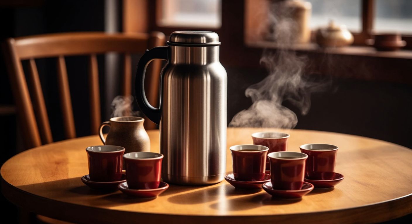 A large stainless steel thermos sits on a wooden table surrounded by small ceramic tea glasses, with steam rising from one freshly poured glass, evoking warmth and hospitality in a Turkish setting.