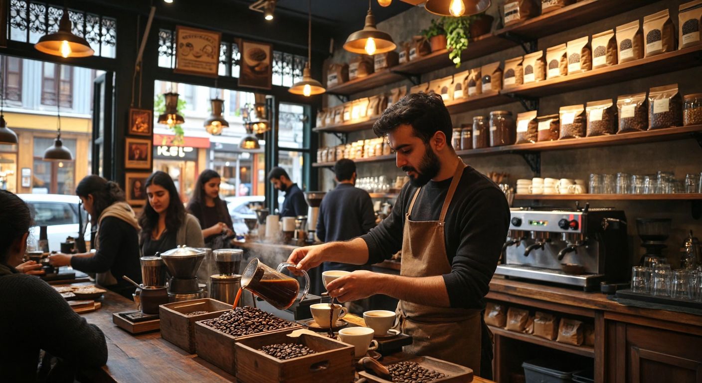 A warm, bustling café in Istanbul with shelves lined with bags of Ethiopian coffee beans, a barista pouring a rich, aromatic cup of Turkish coffee, and customers tasting it with expressions of delight or contemplation.