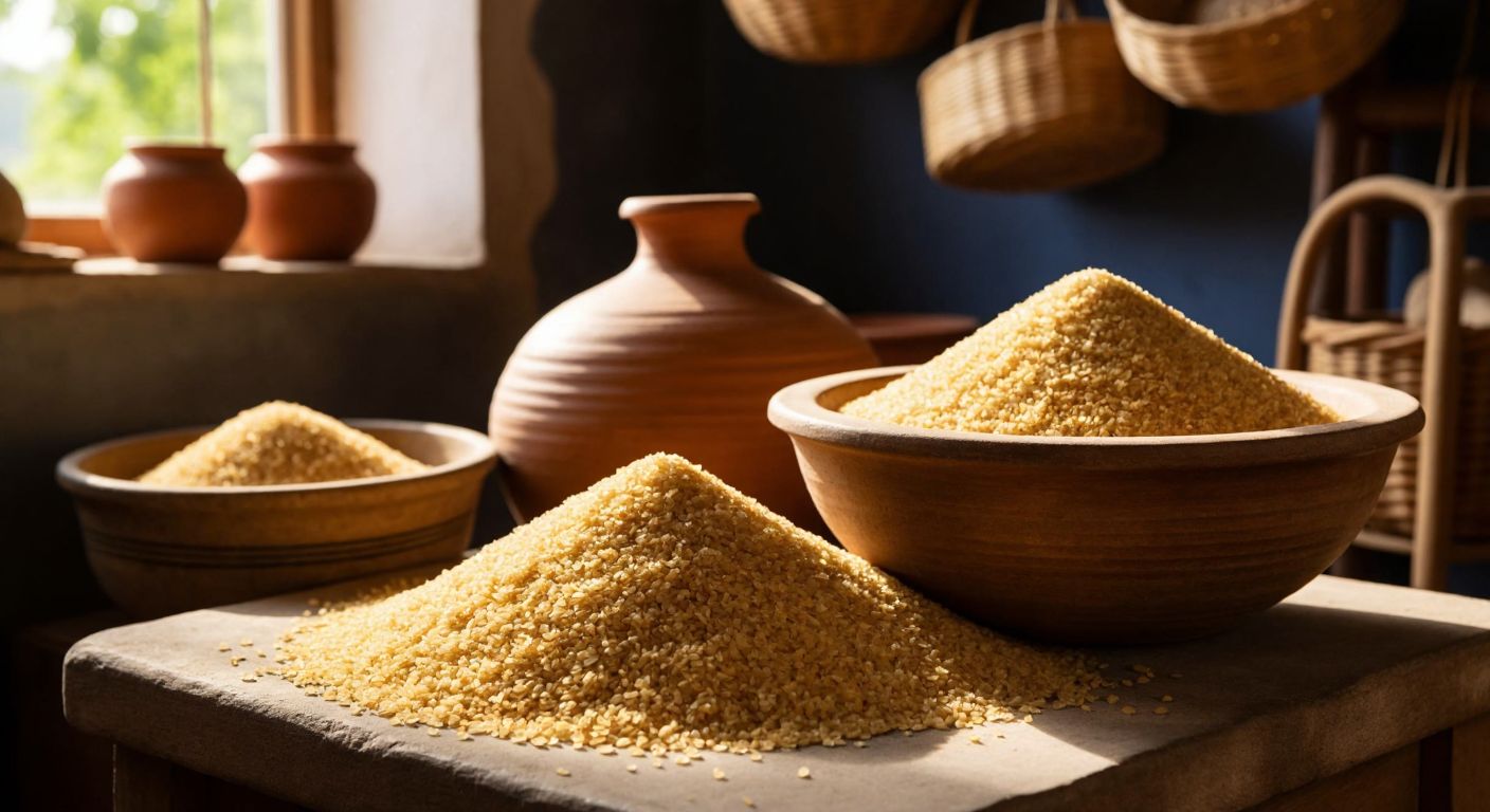 A golden pile of coarse bulgur grains, freshly milled in a traditional stone grinder, sits beside a rustic wooden bowl in a sunlit Anatolian kitchen with terracotta pots and woven baskets in the background.