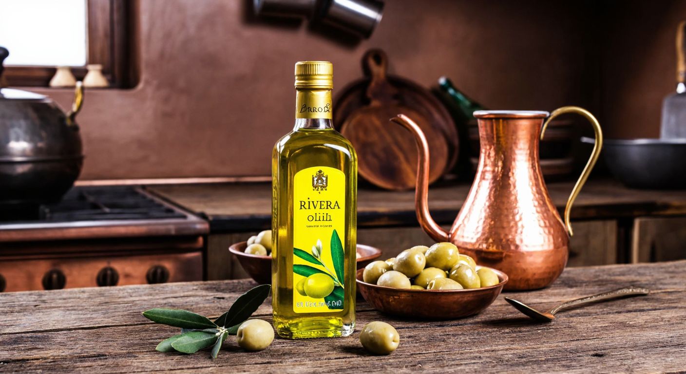 A golden-hued bottle of Riviera olive oil sits on a rustic wooden table in a Turkish kitchen, surrounded by fresh olives and a traditional copper pitcher.