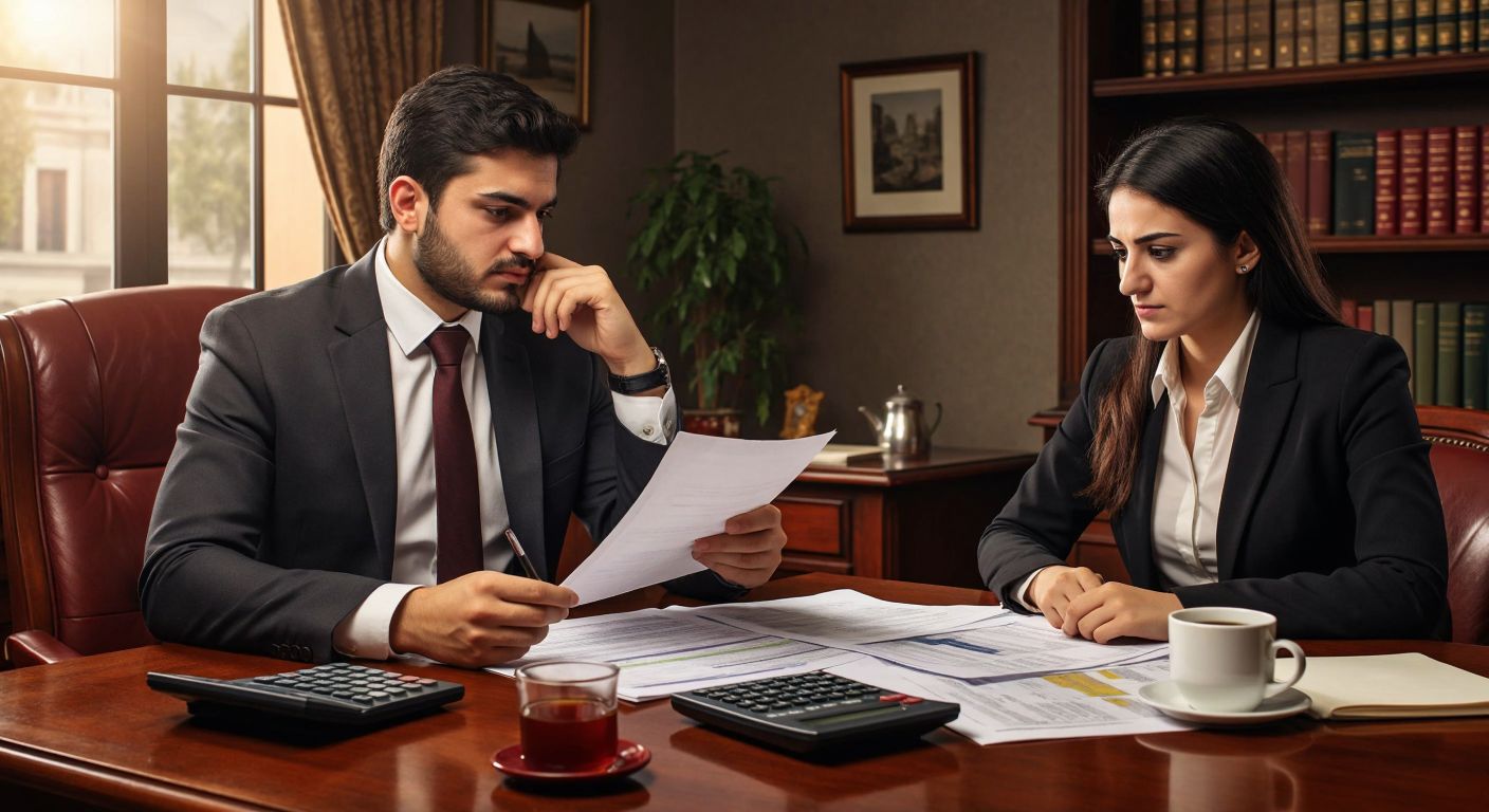 A Turkish accountant in a formal office setting, thoughtfully reviewing tax documents with a calculator and a steaming cup of çay, while a client sits across the table looking concerned.