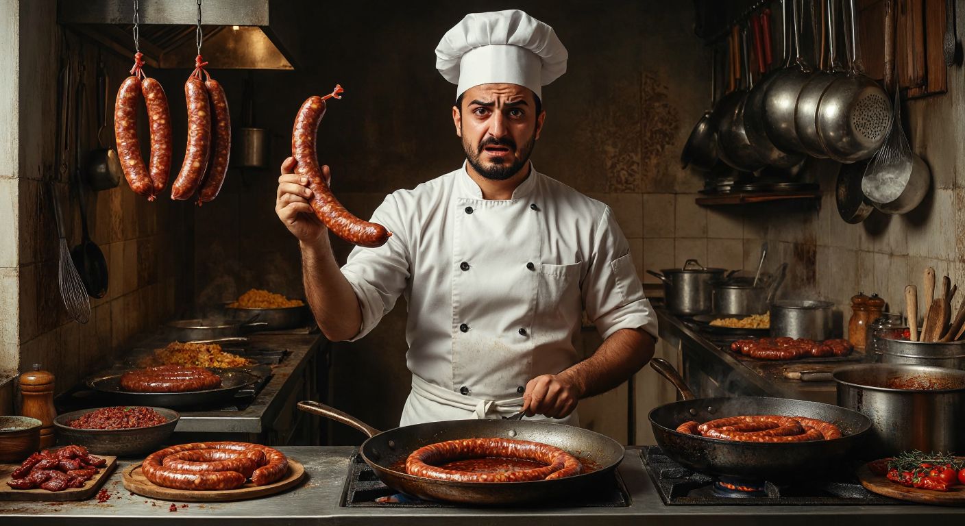 A concerned Turkish chef in a bustling kitchen holds up a raw smoked sausage with a warning expression, while a sizzling pan of cooked sausages sits nearby.