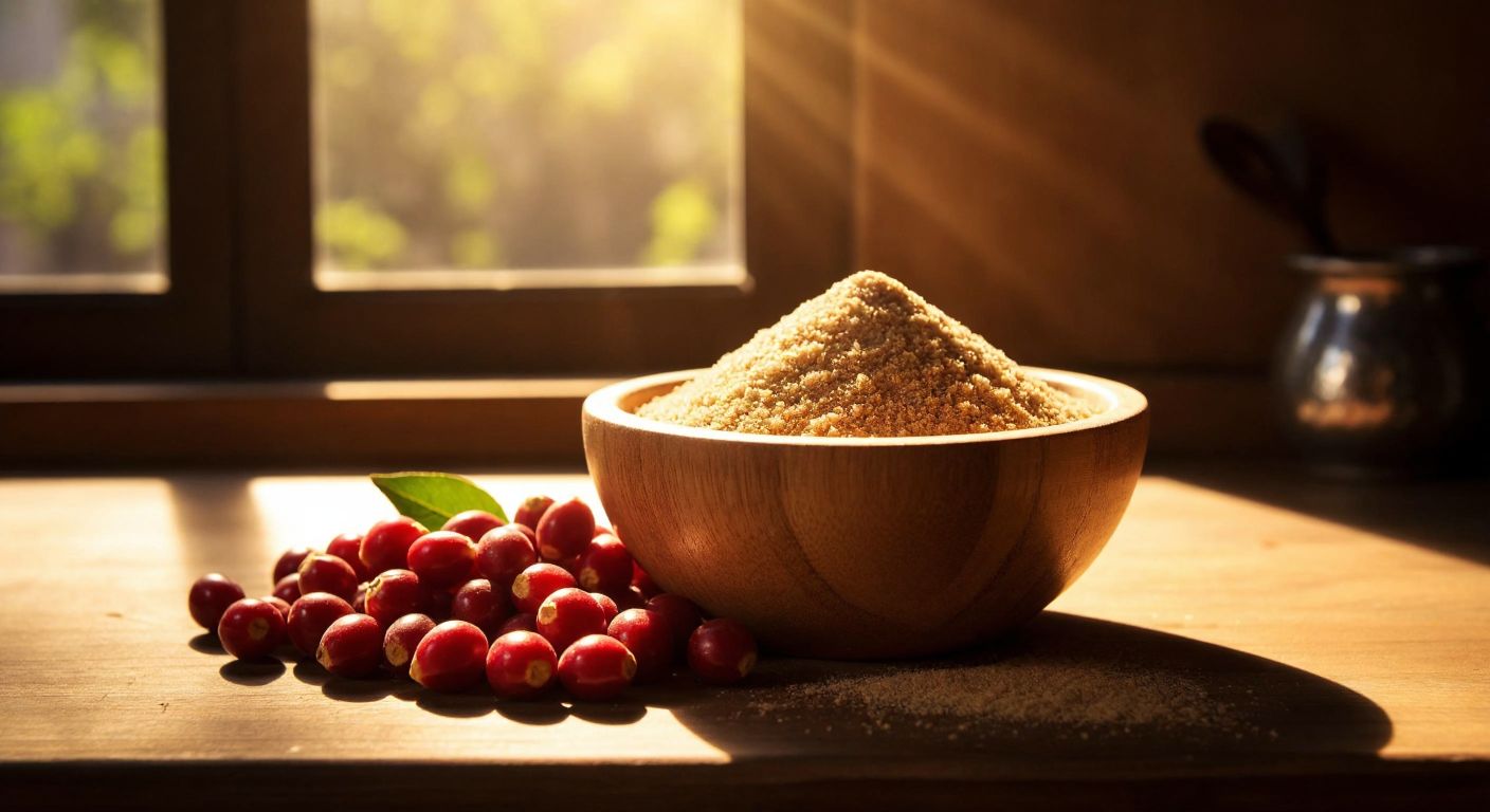 A warm Turkish kitchen with a wooden bowl of fragrant mahlep powder next to a small pile of cherry-like mahlep seeds, bathed in golden sunlight.