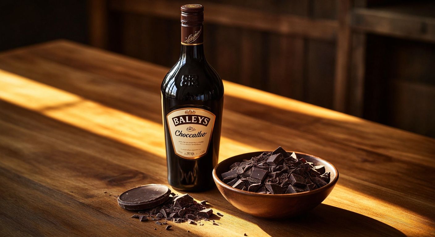 A smooth glass bottle of Baileys Chocolate Liqueur resting on a wooden table beside a small bowl of dark chocolate shavings, with warm golden light reflecting off the rich, creamy liquid inside.