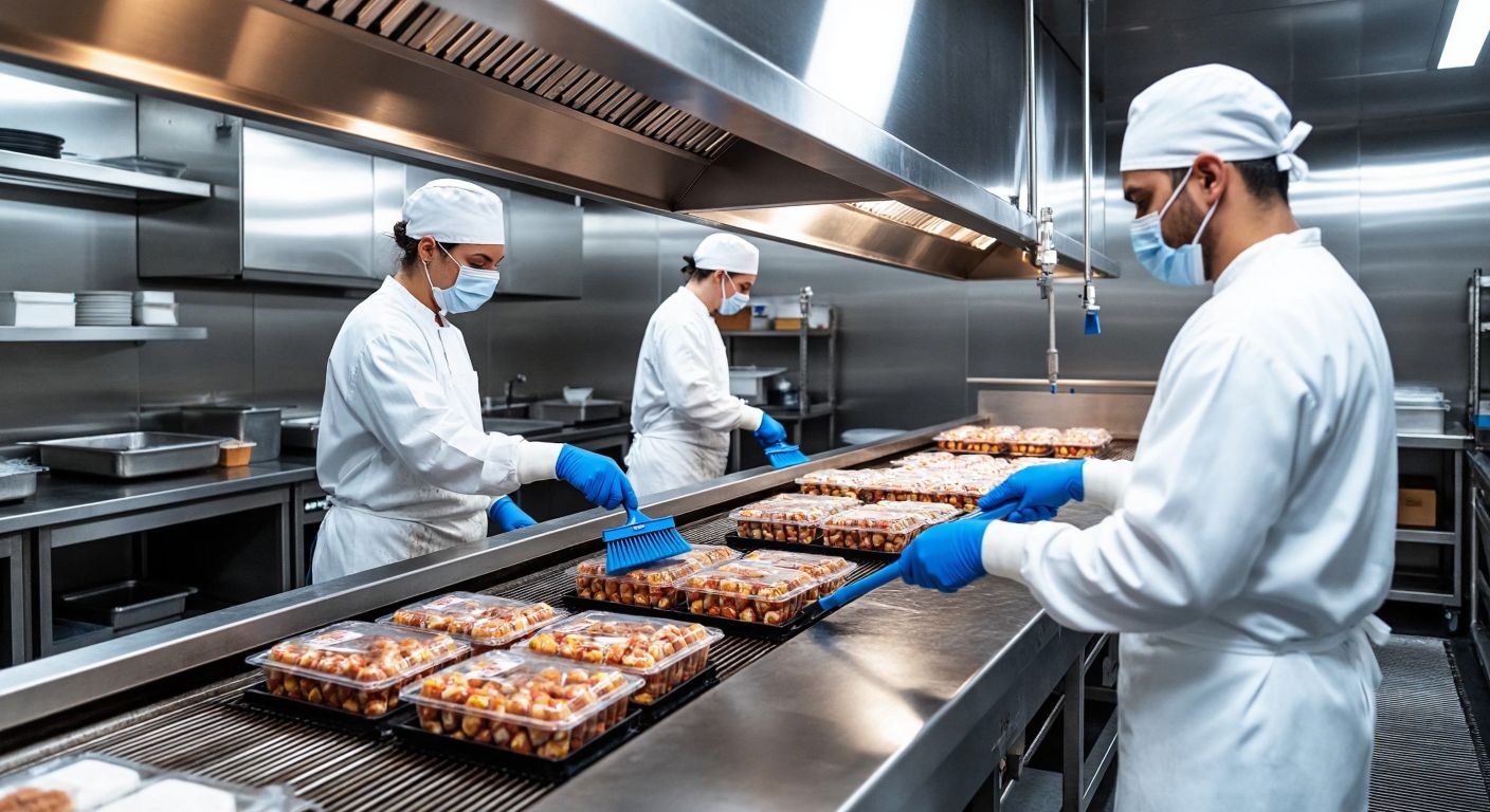 A stainless steel industrial kitchen with workers in white uniforms using blue-handled cleaning tools and metal-detector-safe brushes near a conveyor belt of packaged food.