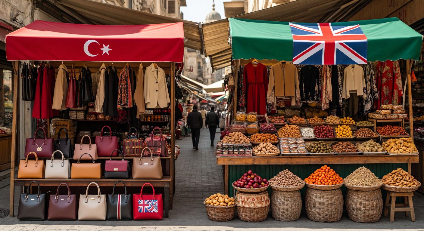 A vibrant marketplace scene with three distinct stalls: one displaying elegant women's handbags under a Turkish flag, another showcasing traditional Asian clothing with a British flag, and the third piled with Middle Eastern food products under a Syrian flag.