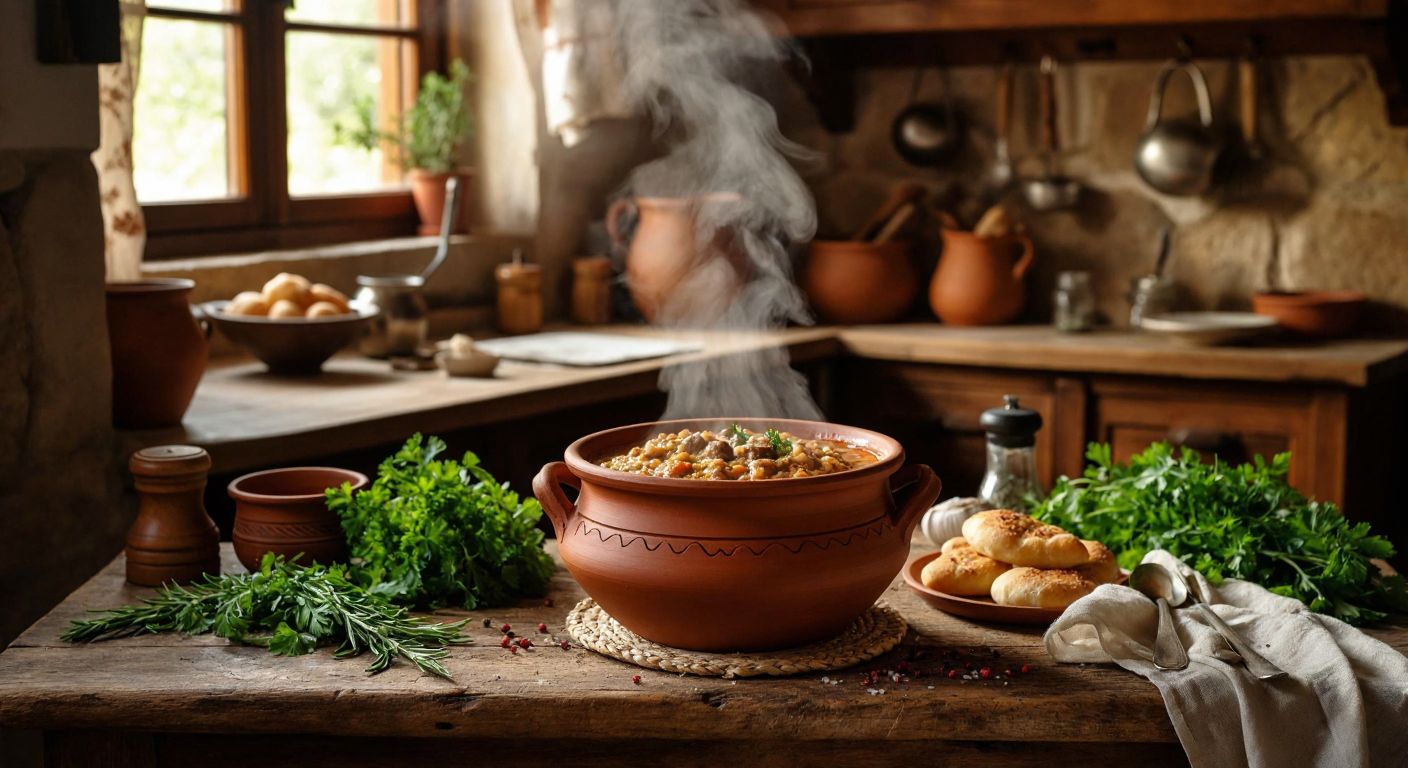 A steaming clay pot of **herise** (wheat and meat stew) sits on a wooden table in a rustic kitchen, surrounded by fresh herbs and warm bread, with the golden hues of a traditional Turkish village home in the background.