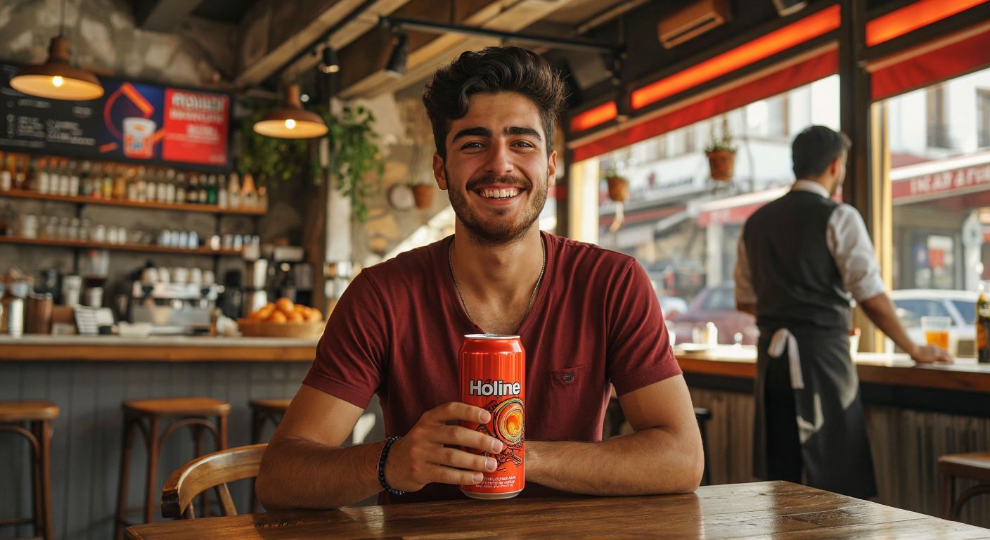 A young Turkish man in a casual cafe setting holds a can of Hot Line energy drink with a relieved smile, while a waiter in the background nods approvingly.