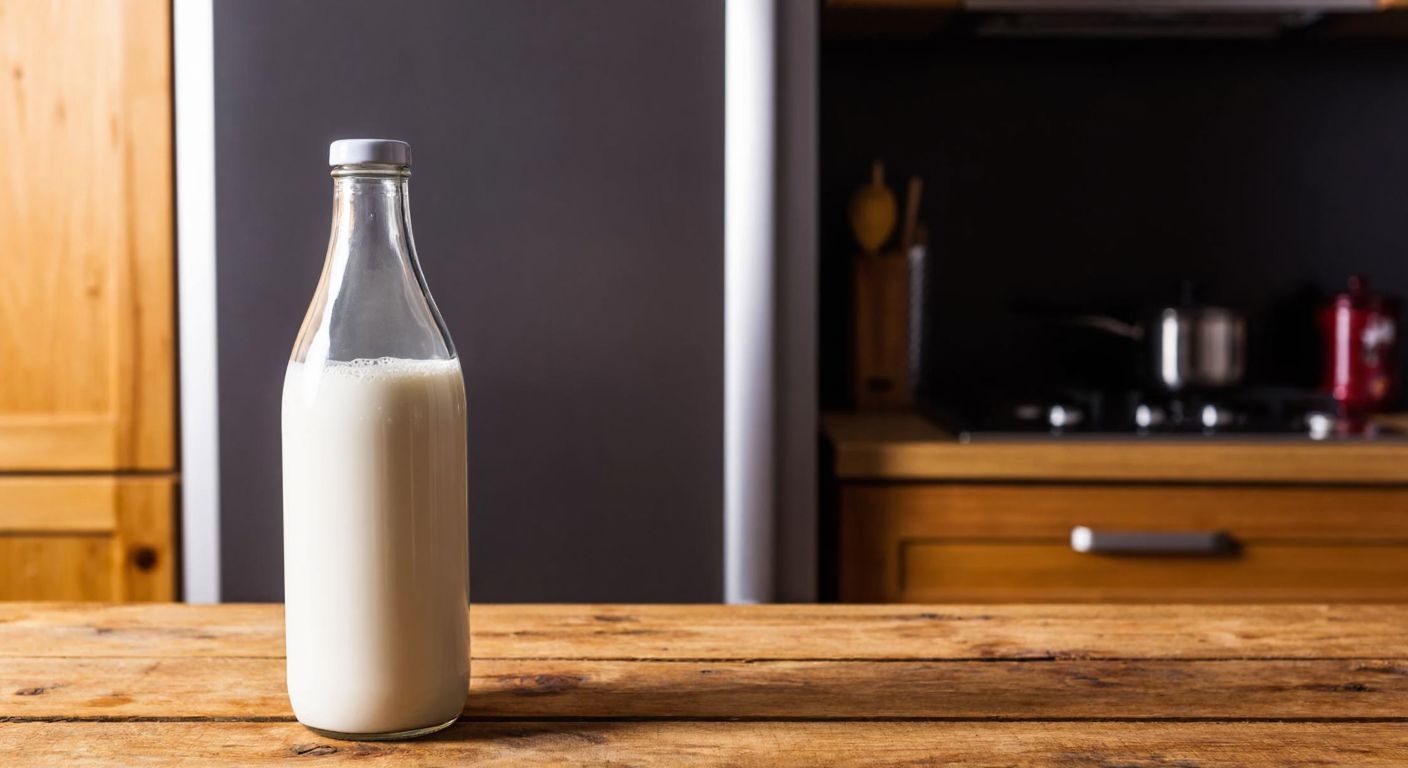A plump glass bottle of milk sits on a rustic wooden kitchen counter in Turkey, with a refrigerator door slightly ajar in the background, conveying freshness and storage advice.
