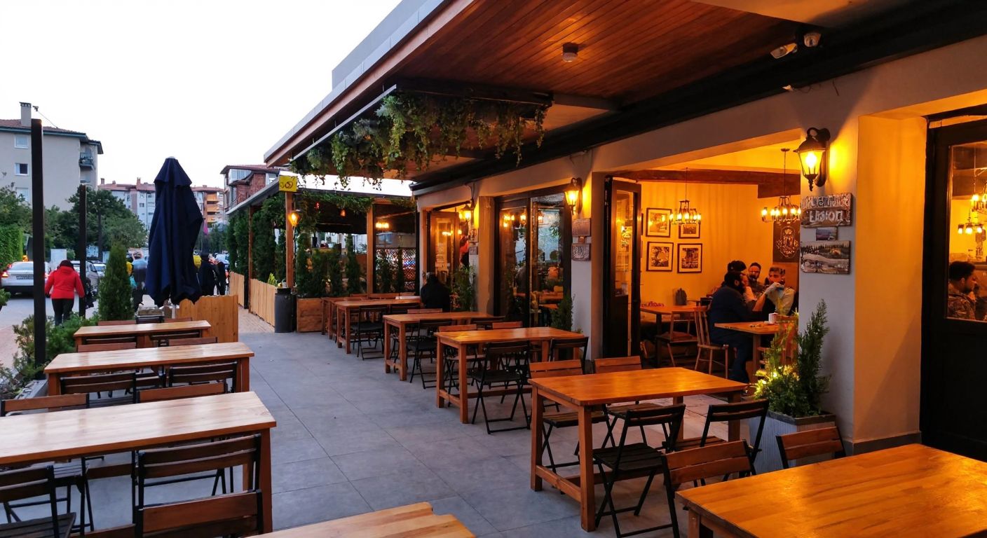 A cozy café with warm lighting in Bakırköy's Kartaltepe neighborhood, featuring wooden tables and a bustling outdoor seating area, while another branch in Başakşehir sits near a green park with a modern terrace and hanging plants.