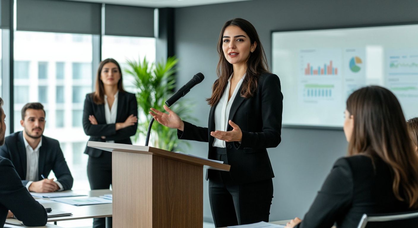 A confident Turkish businesswoman in a sleek suit stands at a podium giving a concise presentation (briefing) to attentive colleagues in a modern office, while another group in the same room leans over a table discussing documents (meeting).