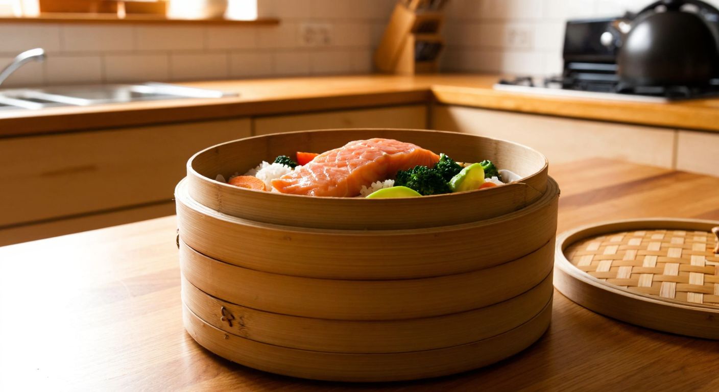 A steaming bamboo basket filled with vibrant vegetables, tender salmon, and fluffy rice, resting on a wooden kitchen counter with a warm, inviting glow.