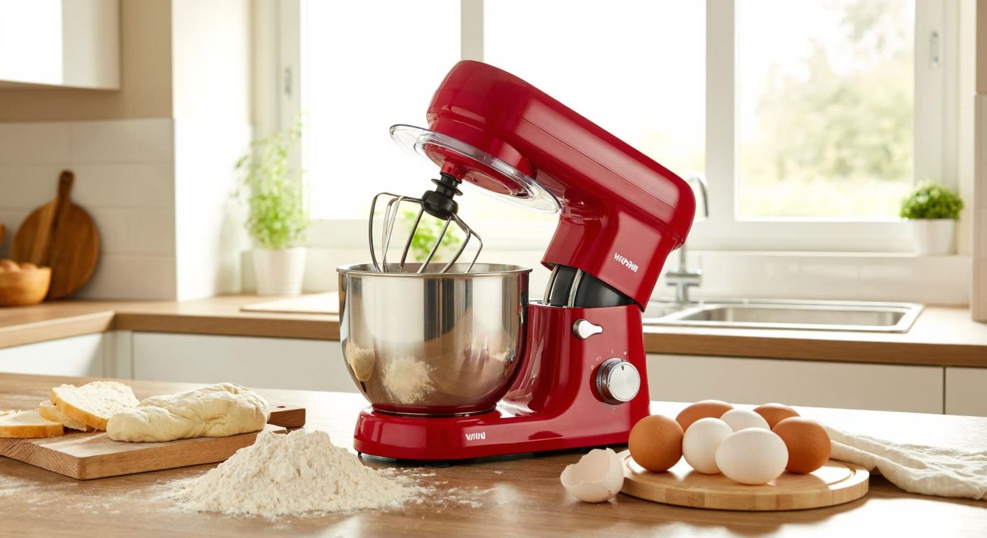 A vibrant red Yui M110 stand mixer kneading dough on a kitchen counter in Turkey, surrounded by fresh ingredients like flour and eggs, with warm sunlight streaming through the window.