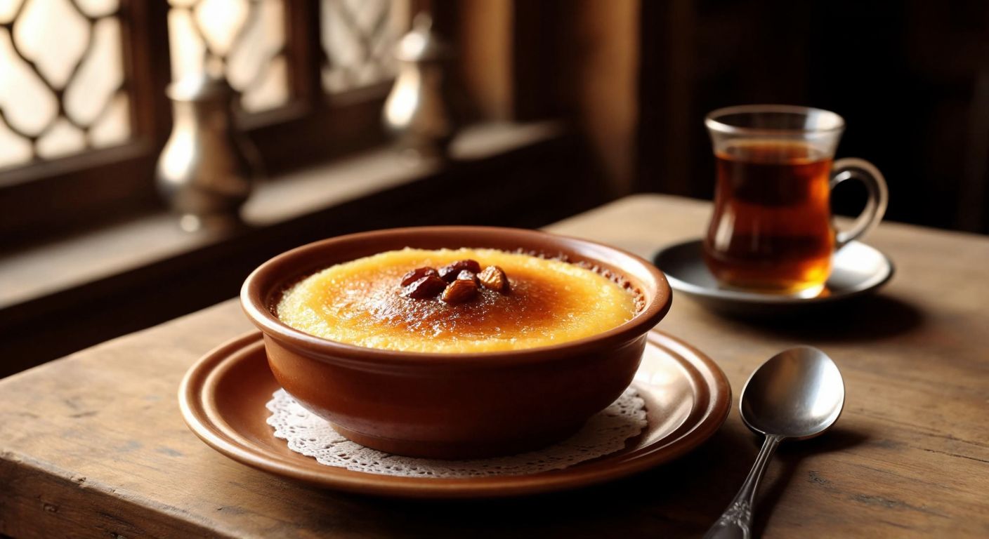 A warm, golden-brown bowl of **haside** dessert sits on a rustic wooden table in a cozy **İç Anadolu** home, with a spoon resting beside it and a traditional Turkish tea glass reflecting the soft light.