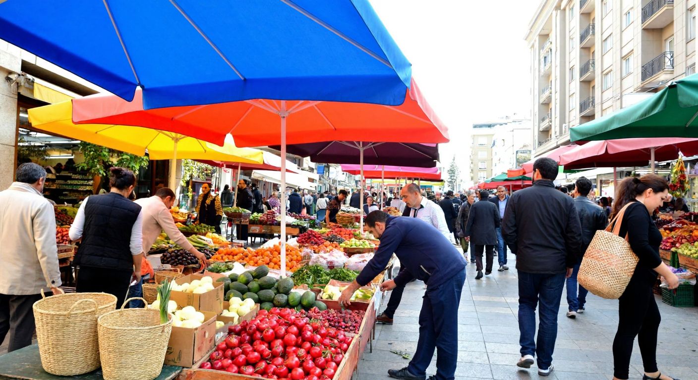 A bustling open-air market in Ankara’s Nişantaşı district, with vendors arranging fresh produce under colorful awnings, shoppers carrying woven bags, and the lively atmosphere of a weekday market day.