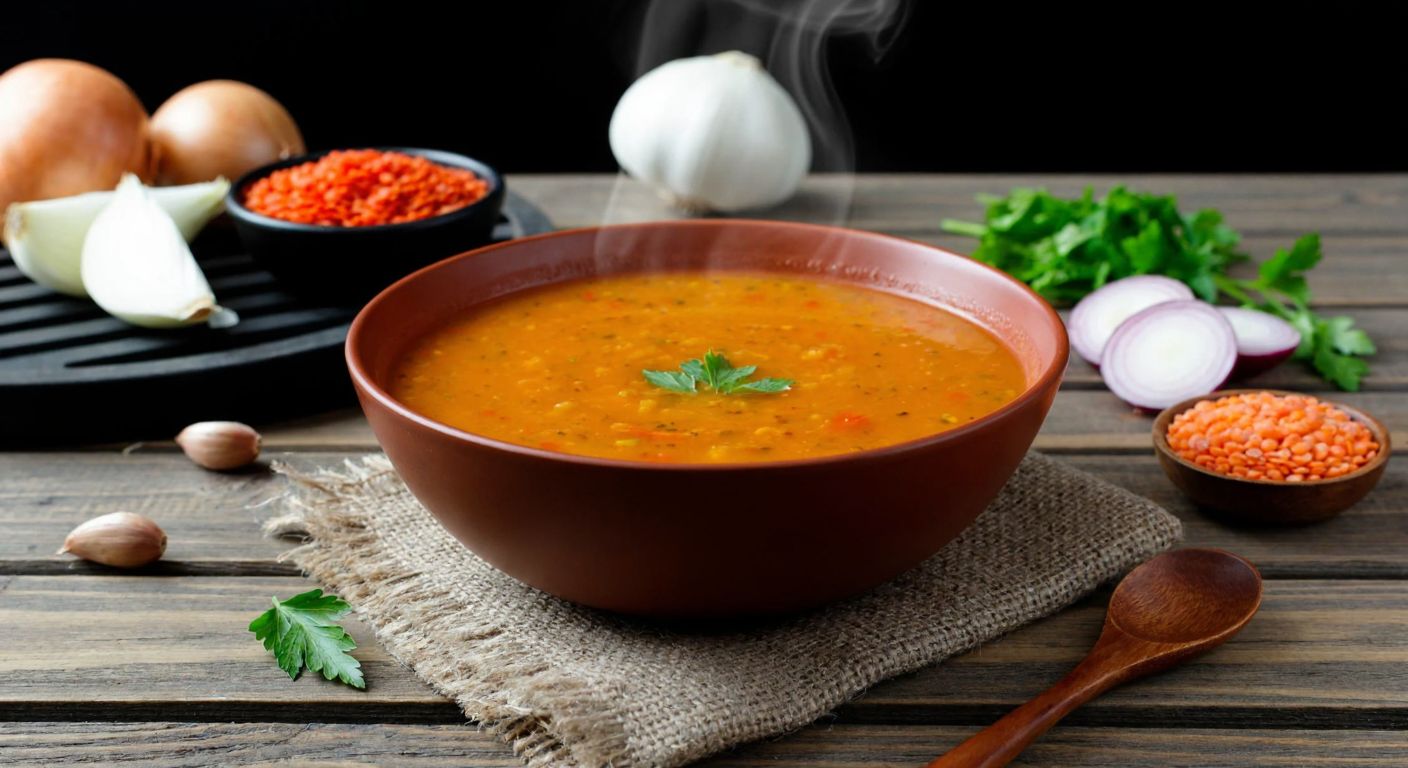 A warm, steaming bowl of red lentil soup sits on a rustic wooden table in a Turkish kitchen, surrounded by fresh ingredients like onions, red lentils, and spices, with a wooden spoon resting beside it.