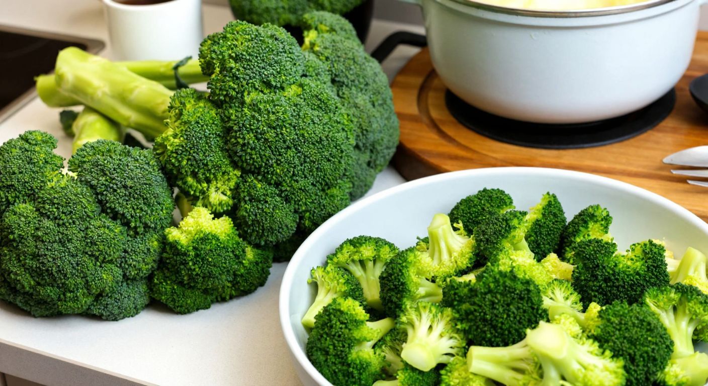 A vibrant Turkish kitchen counter displays fresh green broccoli florets next to a steaming bowl of lightly cooked broccoli, with a wooden cutting board and a small pot in the background.