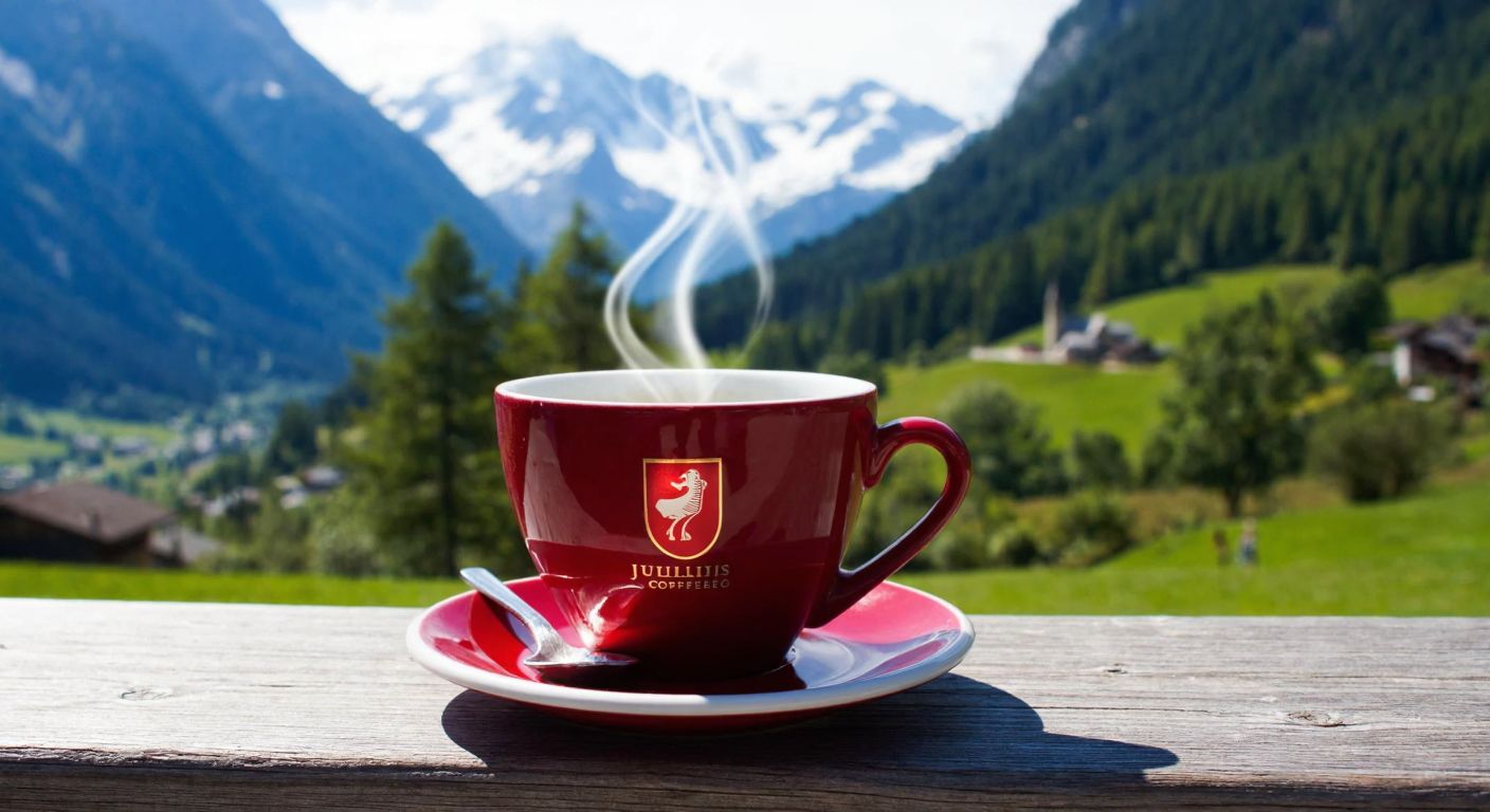 A steaming cup of rich black coffee with a red and gold Julius Meinl label sits on a wooden table against a backdrop of Austrian alpine scenery.