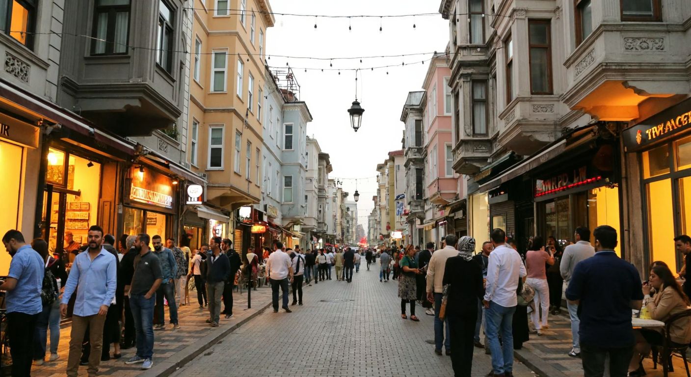 A bustling, narrow cobblestone street in Cihangir, lined with historic Ottoman-era buildings and modern cafes, where well-dressed locals and tourists mingle under strings of fairy lights, with the distant silhouette of Taksim Square visible at the end of the road.