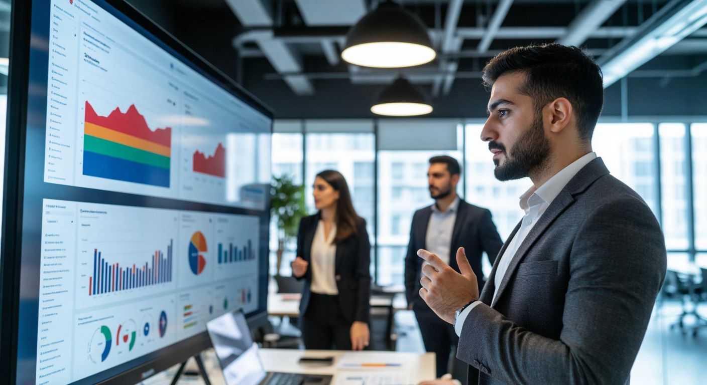 A professional Turkish businessperson in a sleek office reviews a digital security dashboard with colorful risk-assessment charts while colleagues discuss strategies in the background.