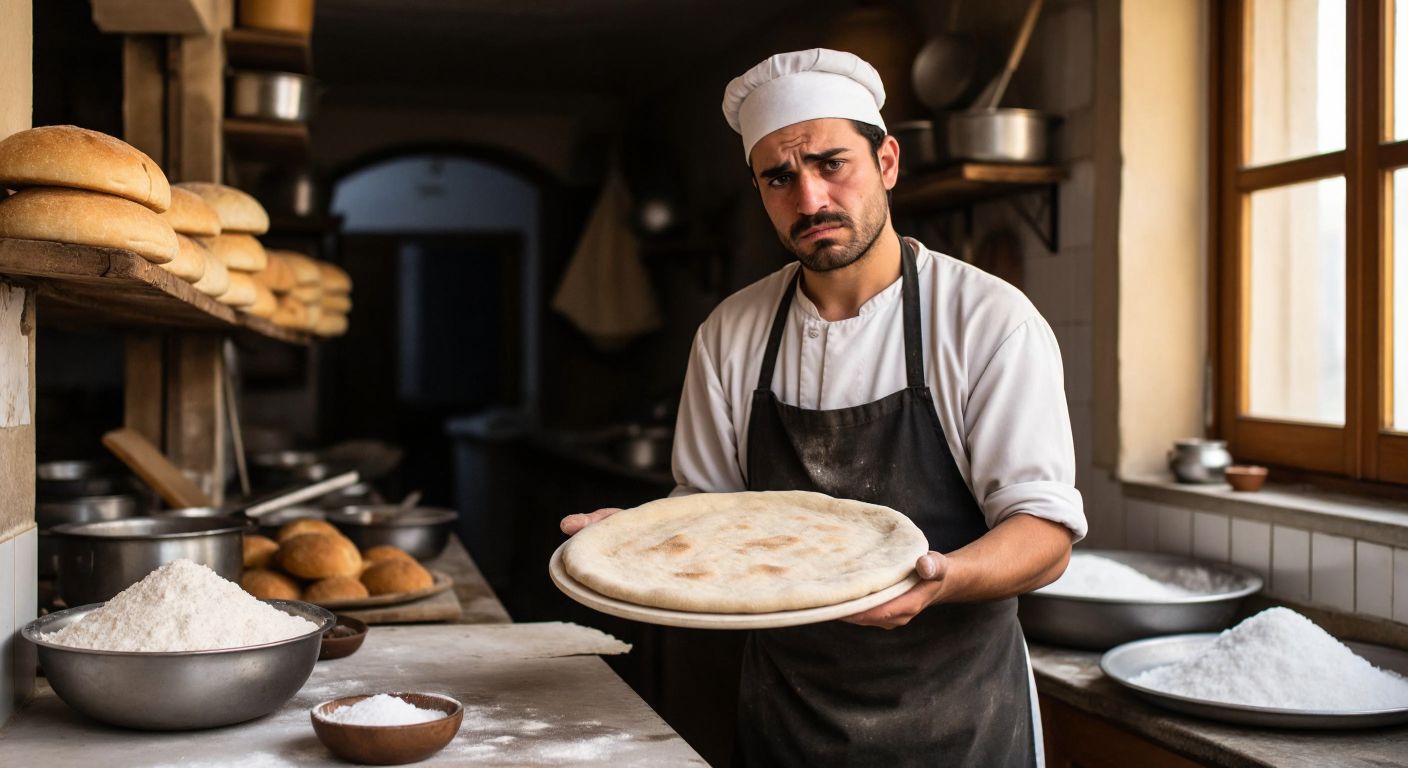 A disappointed baker in a traditional Turkish kitchen holds a flat, pale loaf of unsalted bread while frowning at its bland texture, with a bowl of unused salt nearby.