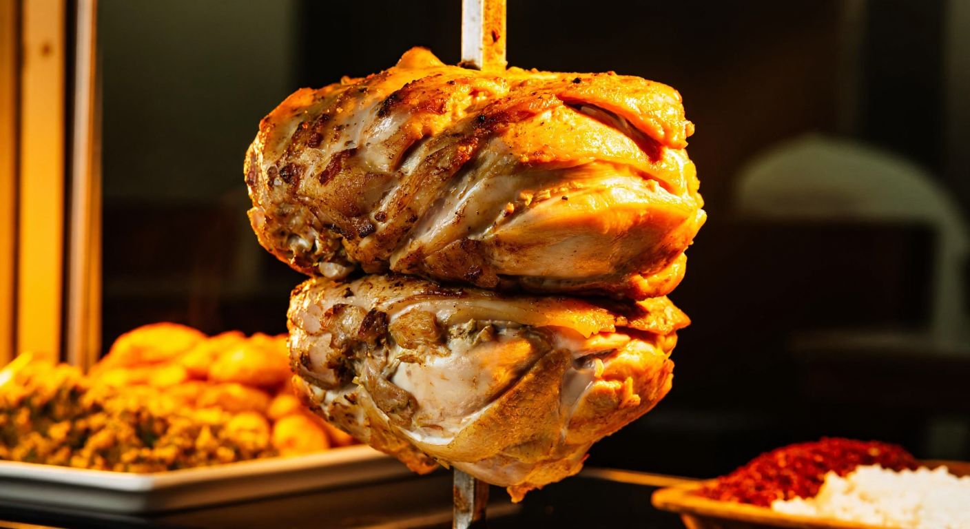 A close-up of juicy, thinly sliced chicken breast and thigh meat stacked on a vertical rotisserie, glistening under warm golden light, with a background of fresh herbs and spices like sumac and paprika in a bustling Turkish kebab shop.