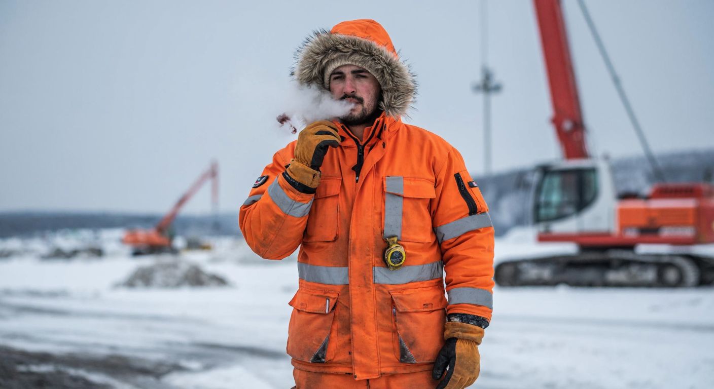 A Turkish construction worker in a thick, insulated orange jumpsuit with reflective strips, a fur-lined hood, and multiple pockets stands confidently in a snowy worksite, adjusting sturdy gloves while exhaling visible breath in the cold air.
