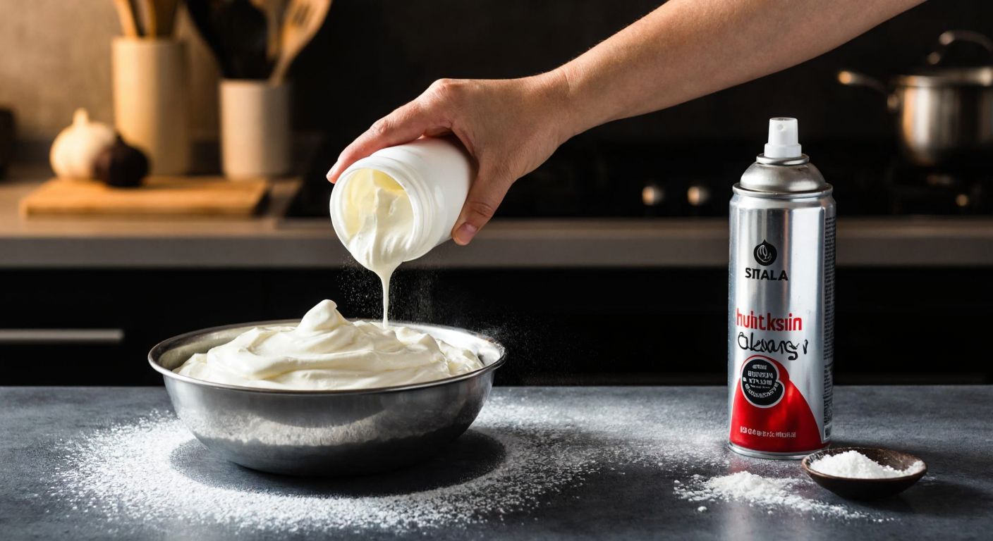 A Turkish kitchen counter with a cold metal bowl of whipped cream, a hand vigorously shaking a spray can of whipped cream until silent, and a dusting of powdered sugar nearby.