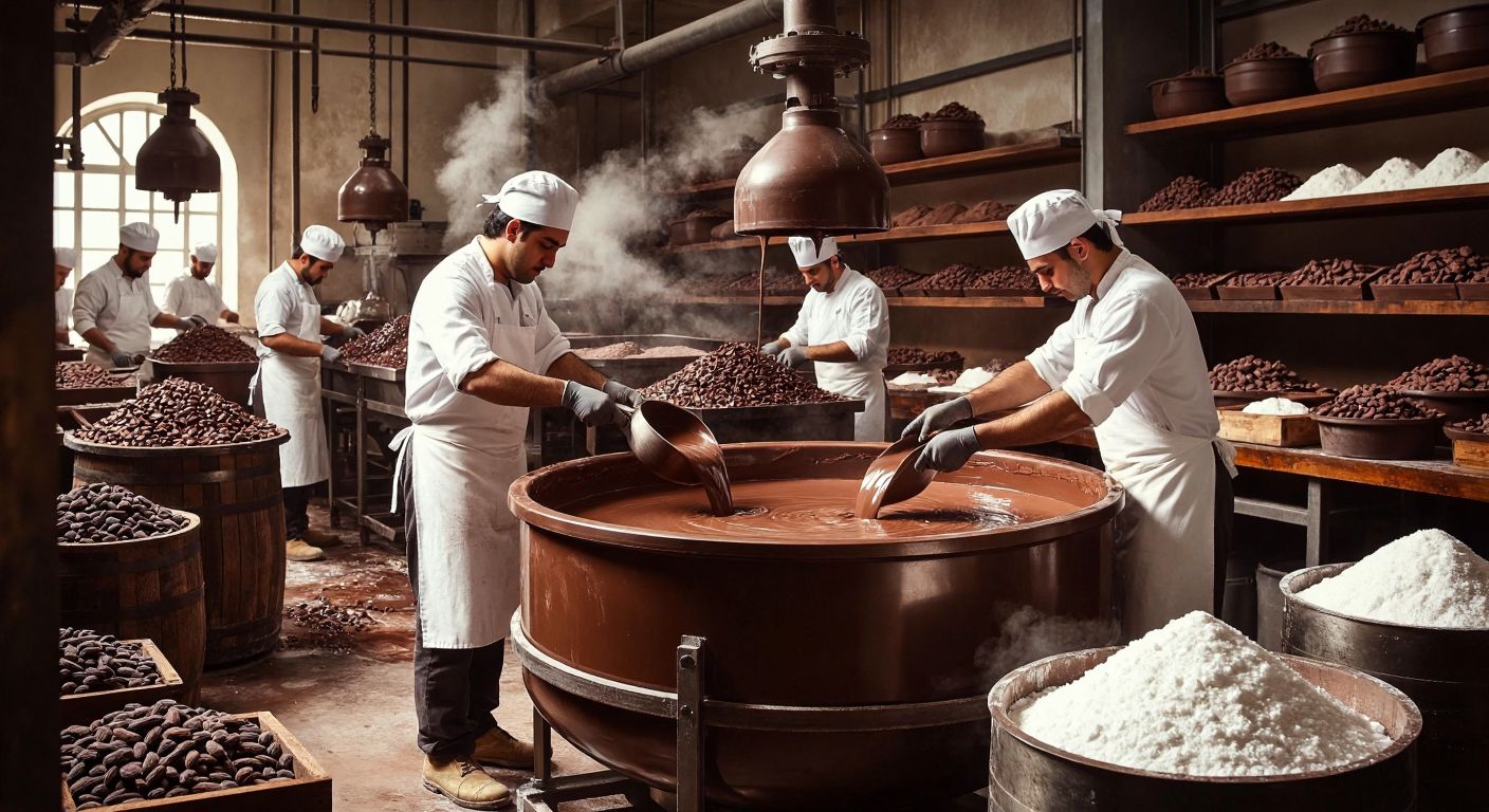 A warm, bustling Turkish chocolate factory with workers in white aprons carefully pouring melted cocoa into a large industrial melanger, surrounded by sacks of cocoa beans and powdered sugar, while the rich aroma of chocolate fills the air.