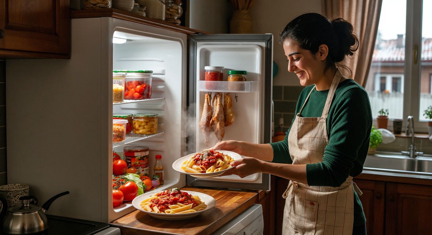A steaming plate of tomato-sauced pasta sits beside a frost-covered freezer, with a Turkish woman in a cozy kitchen apron smiling as she places a container of the dish inside.