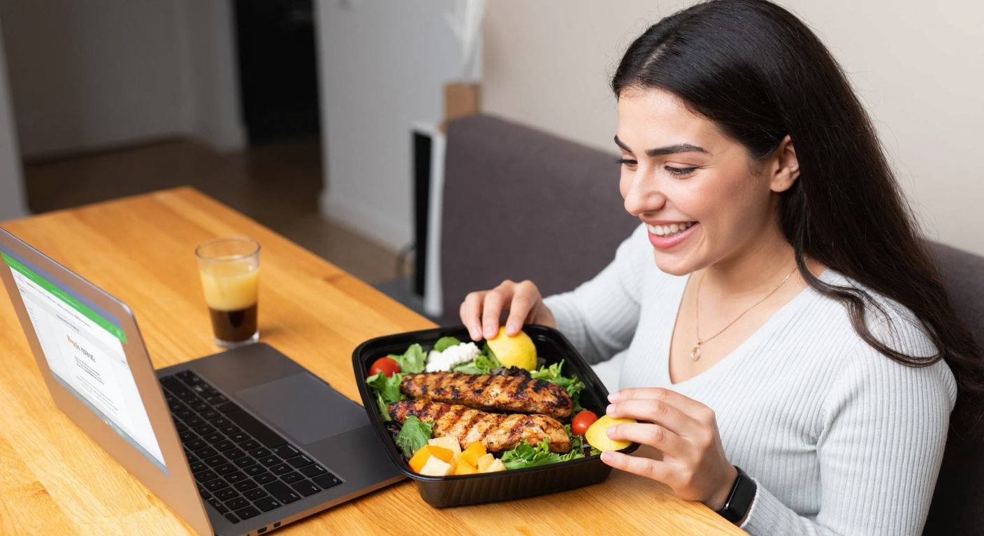 A smiling Turkish woman in a cozy home setting carefully examines a colorful takeout meal of grilled chicken, fresh salad, and fruit arranged on a wooden table, with a laptop open nearby showing restaurant reviews.