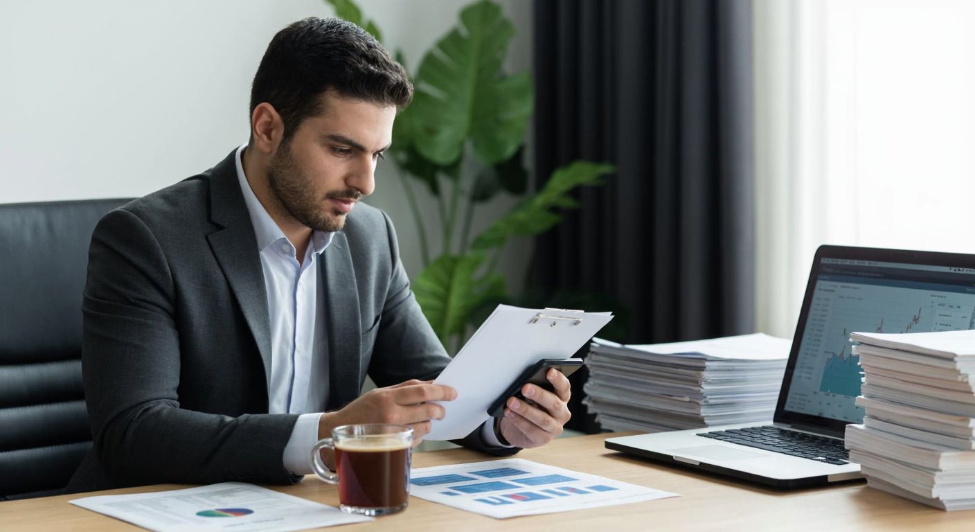 A focused Turkish investor in a modern office, holding a calculator and a printed financial report, with a steaming cup of Turkish coffee on the desk, surrounded by stacks of documents and a laptop displaying stock charts.