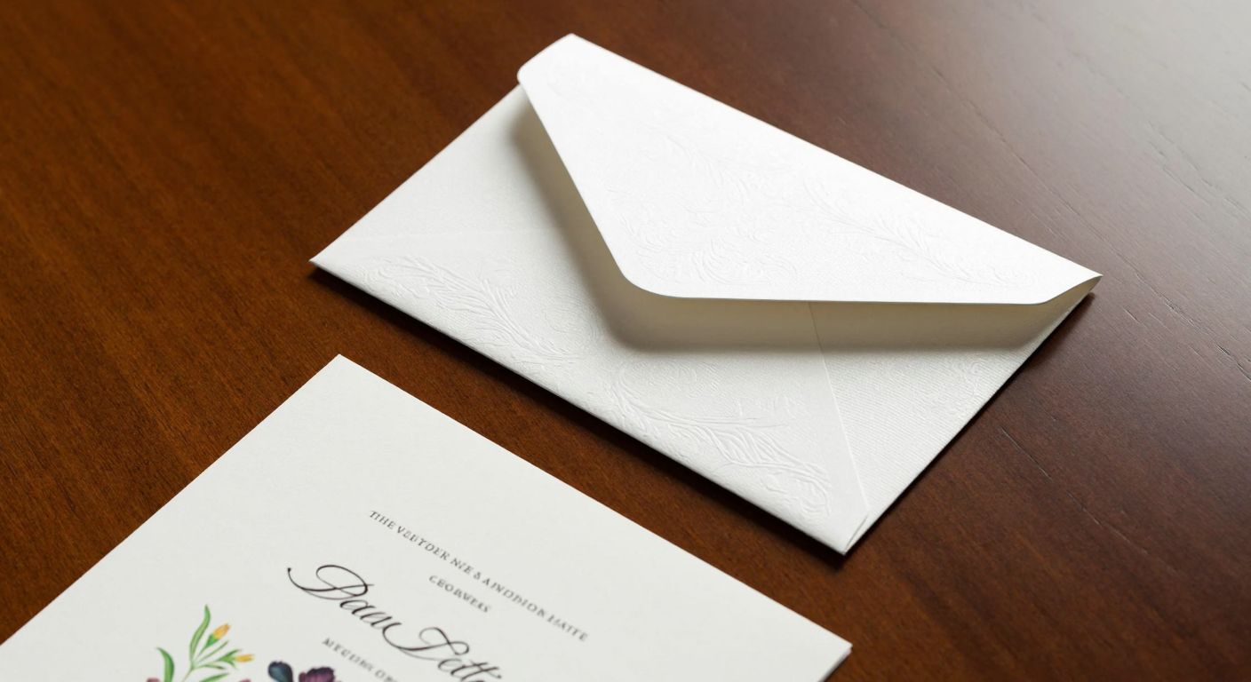 A sleek, elegantly shaped envelope with custom-cut edges and a subtle embossed pattern, resting on a polished wooden table beside a wedding invitation with delicate floral motifs, evoking sophistication and personalization.