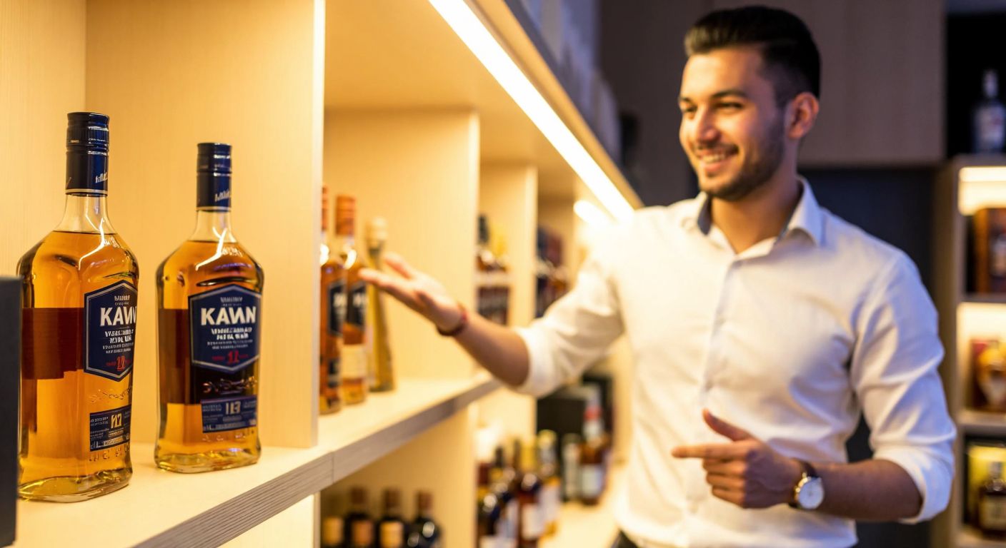 A warmly lit liquor store shelf in Çekmeköy displays a bottle of Kavalan whiskey with amber liquid, surrounded by other fine spirits, while a shopkeeper in a crisp white shirt gestures toward it with a welcoming smile.
