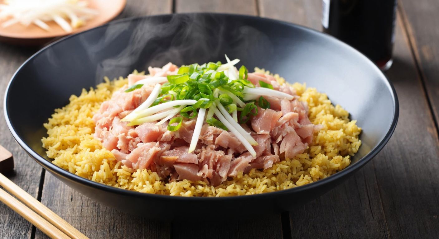 A steaming bowl of golden rice mixed with flaked tuna, garnished with thinly sliced green onions and fresh ginger, resting on a rustic wooden table with a bottle of soy sauce nearby.
