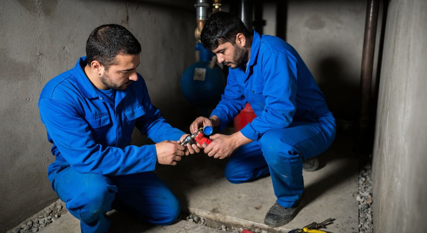 A Turkish plumber in a blue work uniform adjusts a water tank float valve in a dimly lit basement, with tools scattered nearby and a focused expression on his face.