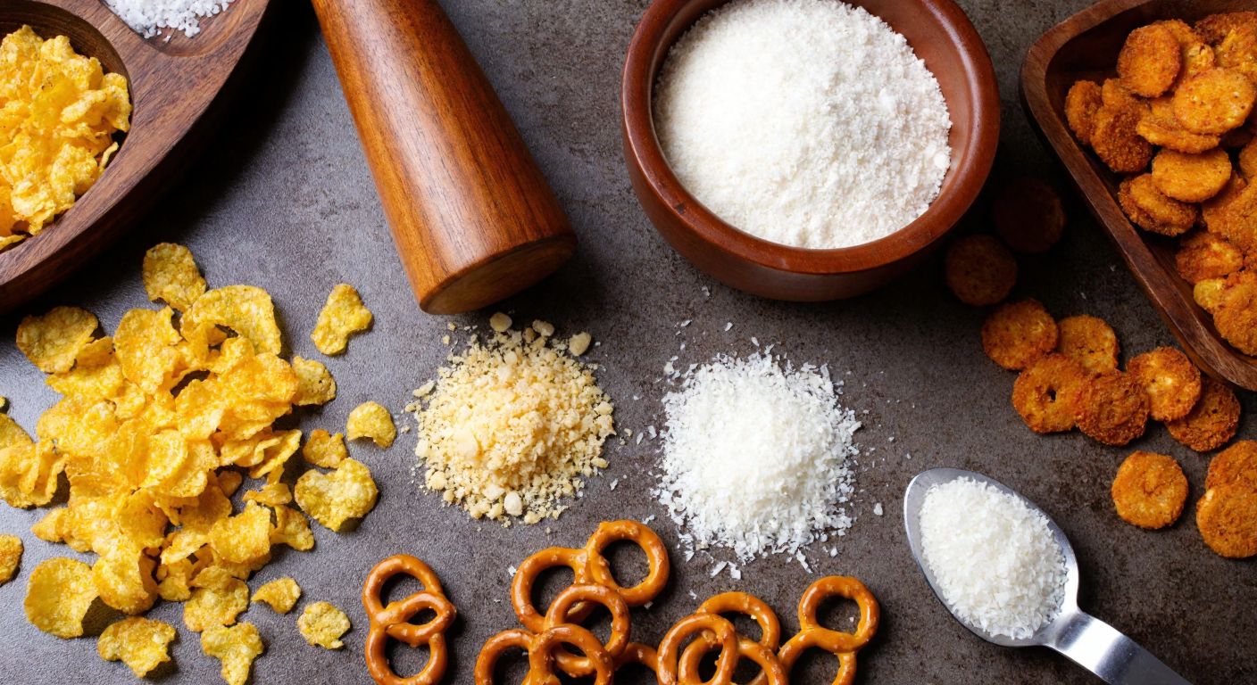 A rustic Turkish kitchen countertop scattered with golden cornflakes, crushed potato chips, pretzels, breadcrumbs, grated parmesan, rice flour, coconut flakes, and tapioca starch, all neatly arranged beside a wooden mortar and pestle.
