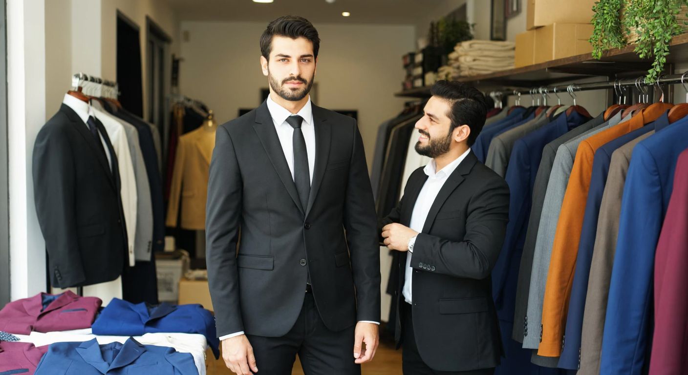A well-dressed Turkish man in a sleek black suit stands confidently in a bustling tailor shop, surrounded by neatly hung suits in various colors, while a smiling tailor adjusts the fit of a jacket on another customer.