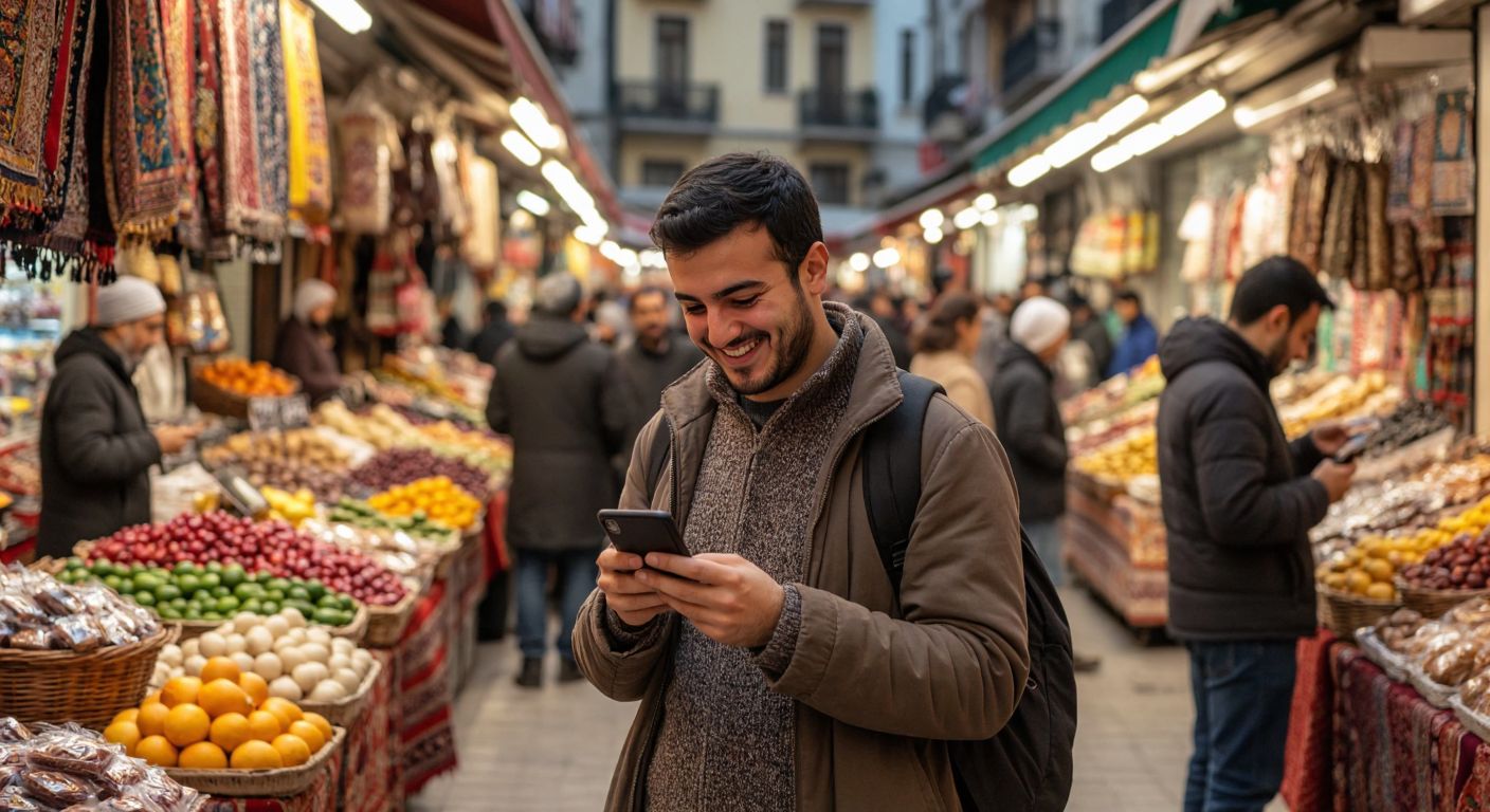 A cheerful Turkish shopper in a bustling bazaar compares prices on their phone while surrounded by colorful market stalls and vendors holding various products.