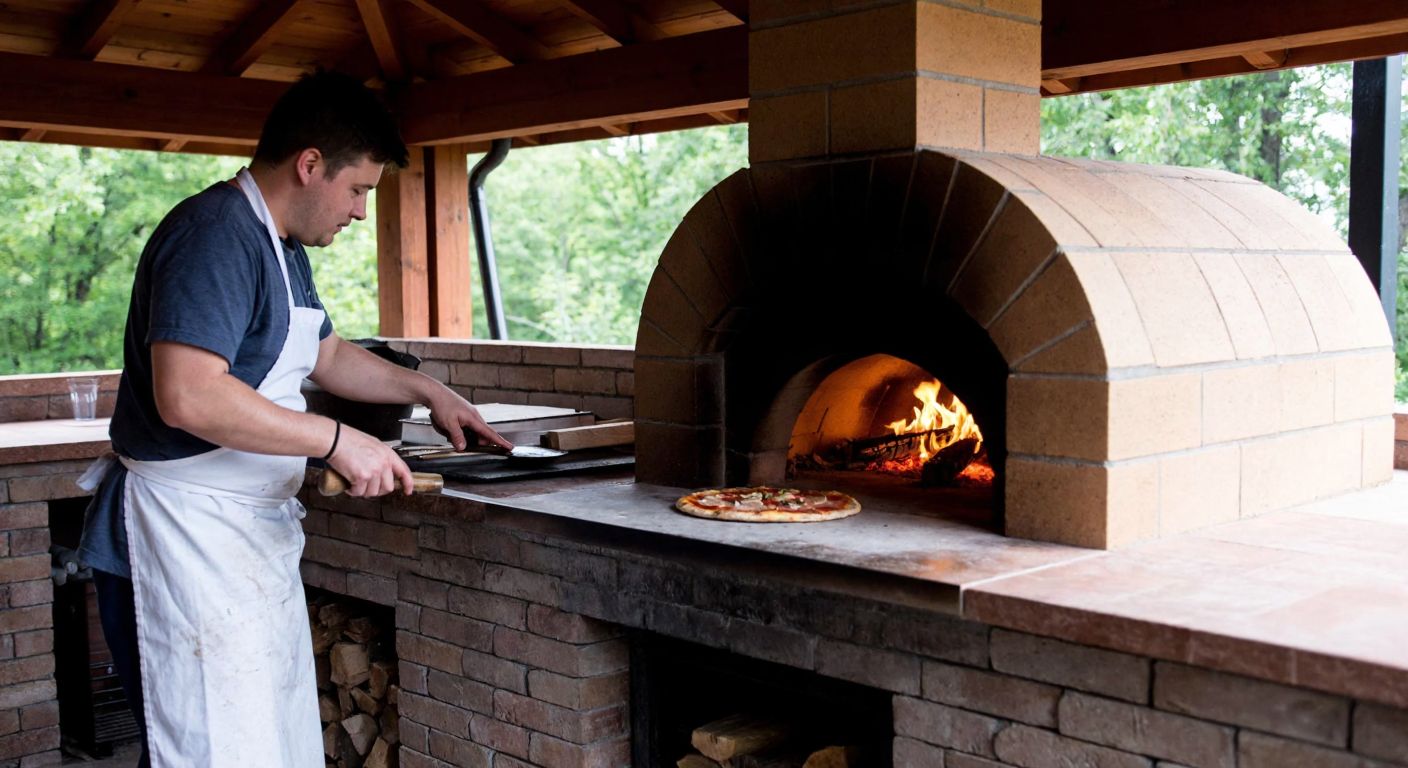 A rustic outdoor brick pizza oven with a tall chimney emits a warm glow from its wood fire, while a chef in a traditional apron places a freshly prepared pizza onto the oven's stone floor.