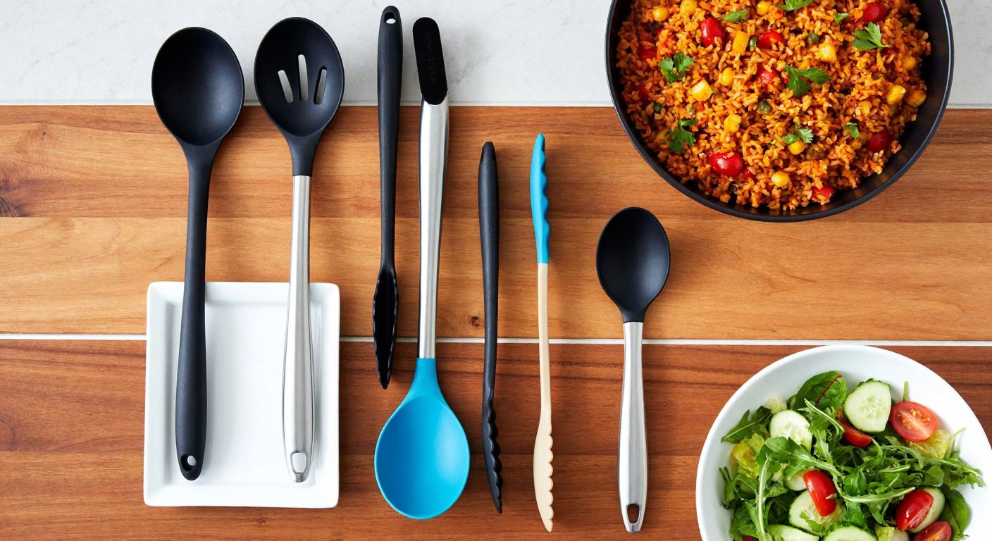 A neatly arranged wooden table displays various serving spoons—stainless steel, silicone, plastic, and polycarbonate—each with distinct designs, alongside a bowl of Turkish pilaf and a fresh salad, evoking a warm, inviting kitchen setting.
